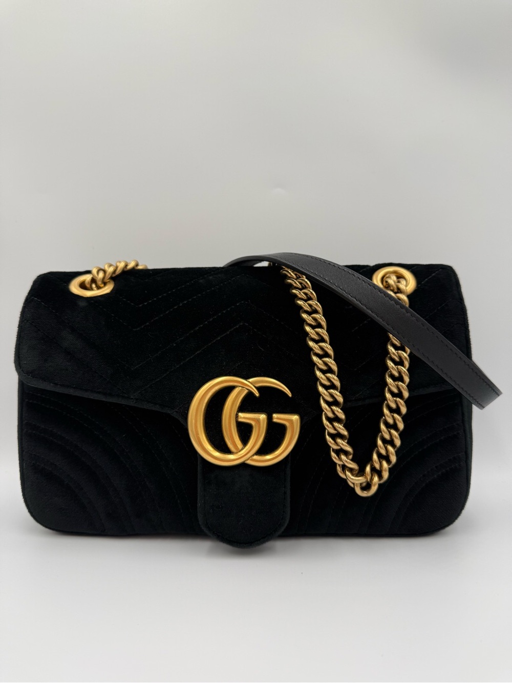 Gucci Black Velvet Marmont Shoulder Bag with Gold Hardware
